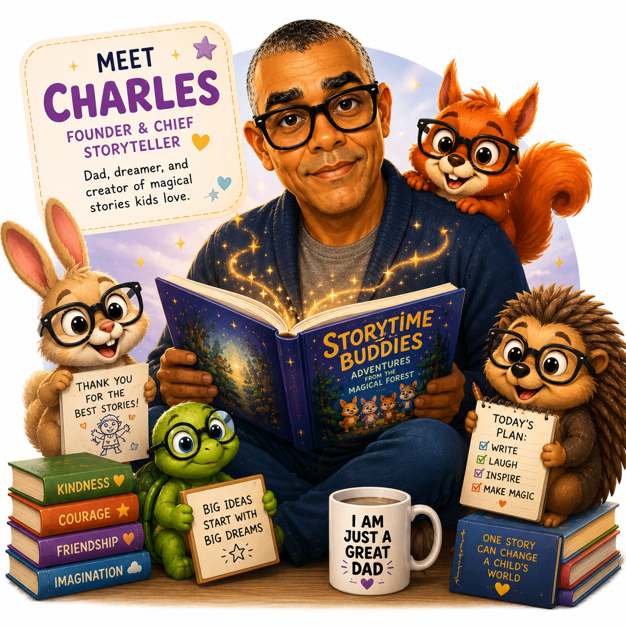 Charles, founder of Storytime Buddies, reading a magical storybook with his animal buddies